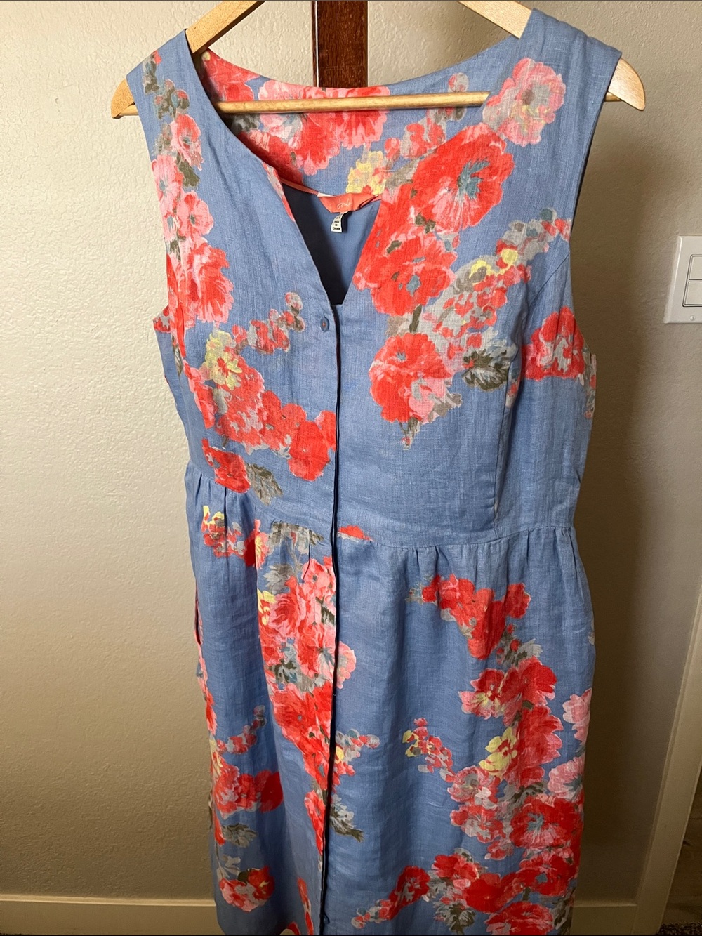 Joules Blue Linen Dress with Coral Floral Print